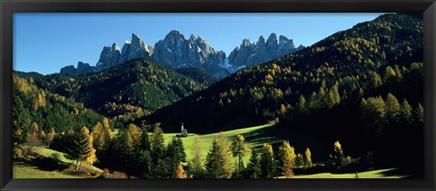 Framed Trees on a landscape, Dolomites, Funes Valley, Le Odle, Santa Maddalena, Tyrol, Italy Print