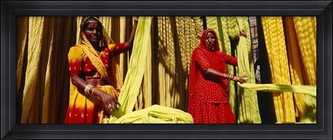 Framed Portrait of two mature women working in a textile industry, Rajasthan, India Print