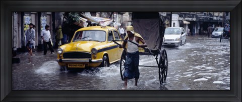 Framed Cars and a rickshaw on the street, Calcutta, West Bengal, India Print