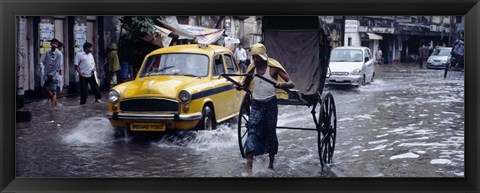 Framed Cars and a rickshaw on the street, Calcutta, West Bengal, India Print