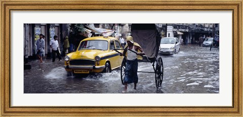 Framed Cars and a rickshaw on the street, Calcutta, West Bengal, India Print