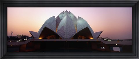 Framed Temple lit up at dusk, Lotus Temple, Delhi, India Print