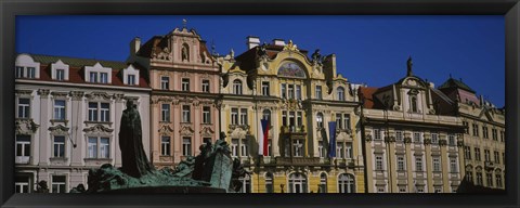 Framed Statue in front of buildings, Jan Hus Monument, Prague Old Town Square, Old Town, Prague, Czech Republic Print