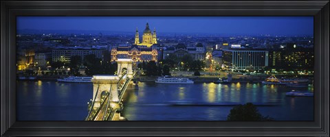 Framed High angle view of a suspension bridge lit up at dusk, Chain Bridge, Danube River, Budapest, Hungary Print