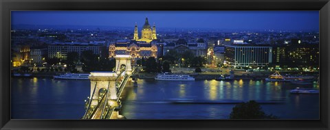 Framed High angle view of a suspension bridge lit up at dusk, Chain Bridge, Danube River, Budapest, Hungary Print