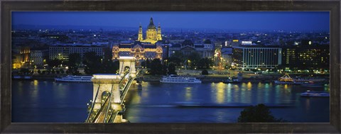 Framed High angle view of a suspension bridge lit up at dusk, Chain Bridge, Danube River, Budapest, Hungary Print