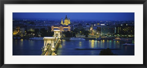 Framed High angle view of a suspension bridge lit up at dusk, Chain Bridge, Danube River, Budapest, Hungary Print