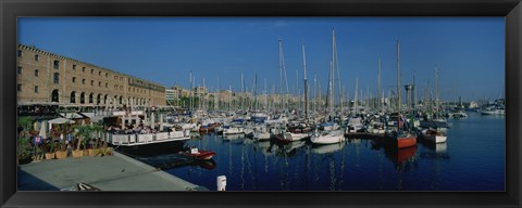 Framed Sailboats at a harbor, Barcelona, Catalonia, Spain Print