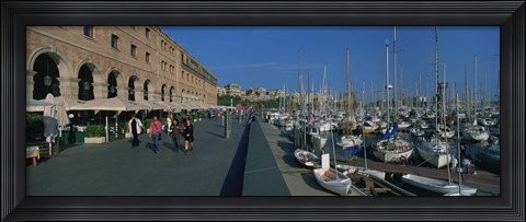 Framed Pedestrian walkway along a harbor, Barcelona, Catalonia, Spain Print