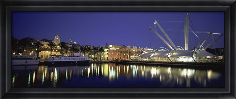 Framed Reflection of buildings in water, The Bigo, Porto Antico, Genoa, Italy Print