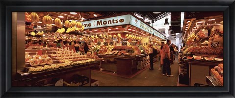 Framed Group of people in a vegetable market, La Boqueria Market, Barcelona, Catalonia, Spain Print