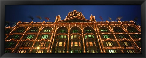 Framed Low angle view of a building lit up at night, Harrods, London, England Print