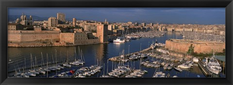 Framed High angle view of boats docked at a port, Old Port, Marseille, Bouches-Du-Rhone, Provence-Alpes-Cote Daze, France Print