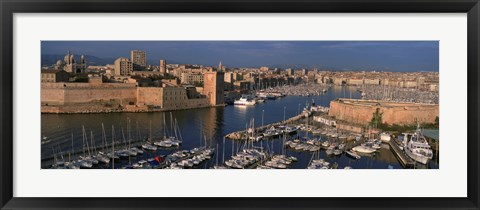 Framed High angle view of boats docked at a port, Old Port, Marseille, Bouches-Du-Rhone, Provence-Alpes-Cote Daze, France Print