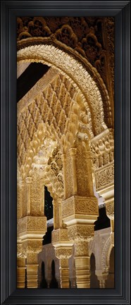 Framed Low angle view of carving on arches and columns of a palace, Court Of Lions, Alhambra, Granada, Andalusia, Spain Print