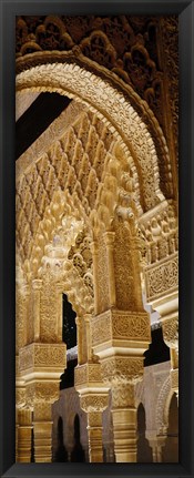 Framed Low angle view of carving on arches and columns of a palace, Court Of Lions, Alhambra, Granada, Andalusia, Spain Print