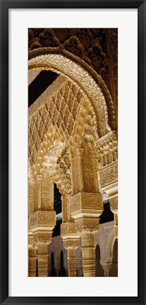 Framed Low angle view of carving on arches and columns of a palace, Court Of Lions, Alhambra, Granada, Andalusia, Spain Print