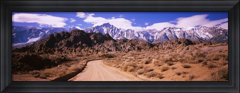Framed Dirt road passing through an arid landscape, Lone Pine, Californian Sierra Nevada, California, USA Print