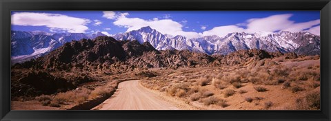 Framed Dirt road passing through an arid landscape, Lone Pine, Californian Sierra Nevada, California, USA Print