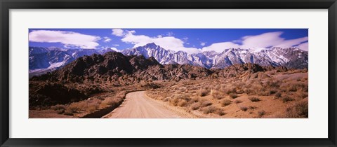 Framed Dirt road passing through an arid landscape, Lone Pine, Californian Sierra Nevada, California, USA Print