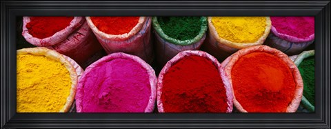 Framed High angle view of various powder paints, Braj, Mathura, Uttar Pradesh, India Print