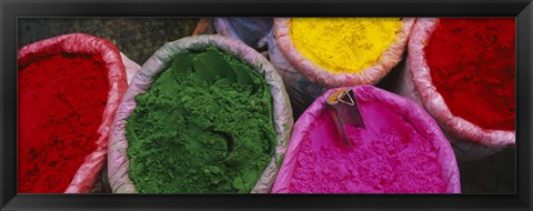 Framed High angle view of various tika powders, Braj, Mathura, Uttar Pradesh, India Print