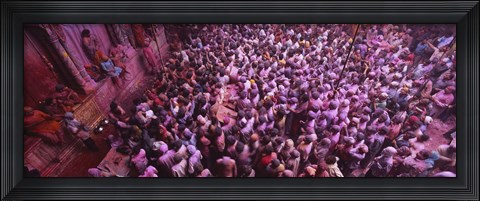 Framed High angle view of people celebrating holi, Braj, Mathura, Uttar Pradesh, India Print
