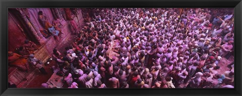 Framed High angle view of people celebrating holi, Braj, Mathura, Uttar Pradesh, India Print