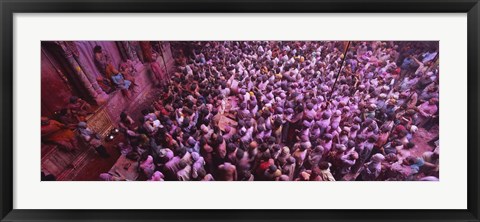 Framed High angle view of people celebrating holi, Braj, Mathura, Uttar Pradesh, India Print