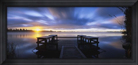 Framed Panoramic view of a pier at dusk, Vuoksi River, Imatra, Finland Print