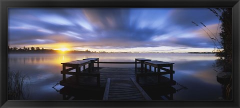 Framed Panoramic view of a pier at dusk, Vuoksi River, Imatra, Finland Print