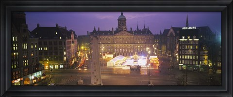 Framed High angle view of a town square lit up at dusk, Dam Square, Amsterdam, Netherlands Print