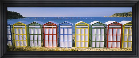Framed Beach huts in a row on the beach, Catalonia, Spain Print