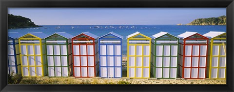 Framed Beach huts in a row on the beach, Catalonia, Spain Print