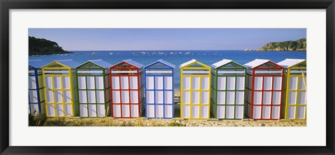 Framed Beach huts in a row on the beach, Catalonia, Spain Print