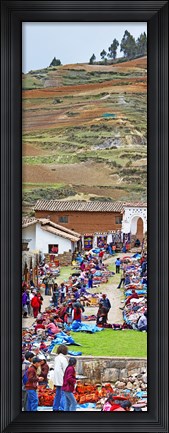 Framed Group of people in a market, Chinchero Market, Andes Mountains, Urubamba Valley, Cuzco, Peru Print