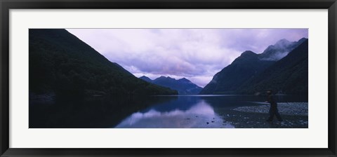 Framed Mountains overlooking a lake, Fiordlands National Park, Southland, South Island, New Zealand Print