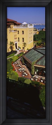 Framed High angle view of empty chairs and tables in a hotel, Four Seasons Hotel, Istanbul, Turkey Print