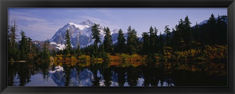 Framed Reflection of trees and mountains in a lake, Mount Shuksan, North Cascades National Park, Washington State Print