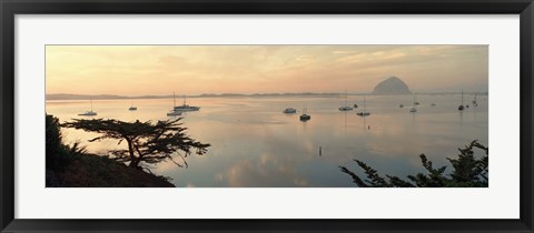 Framed Boats in a bay with Morro Rock in the distance, Morro Bay, San Luis Obispo, California, USA Print