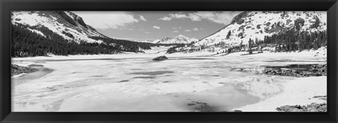 Framed Lake and snowcapped mountains, Tioga Lake, Inyo National Forest, Eastern Sierra, California (black and white) Print