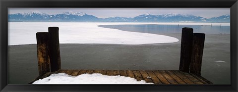 Framed Frozen lake in front of snowcapped mountains, Chiemsee, Bavaria, Germany Print