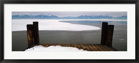 Framed Frozen lake in front of snowcapped mountains, Chiemsee, Bavaria, Germany Print