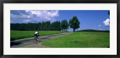 Framed Rear view of a person riding a bicycle on the road, Black Forest, Germany Print