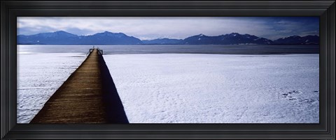 Framed Jetty over a frozen lake, Chiemsee, Bavaria, Germany Print