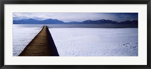 Framed Jetty over a frozen lake, Chiemsee, Bavaria, Germany Print