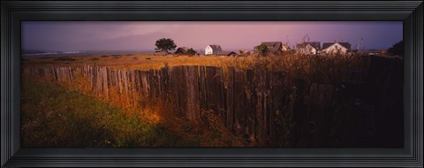 Framed Wooden fence in a field with houses in the background, Mendocino, California, USA Print