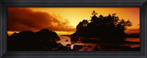 Framed Silhouette of rocks and trees at sunset, Tofino, Vancouver Island, British Columbia, Canada Print