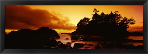 Framed Silhouette of rocks and trees at sunset, Tofino, Vancouver Island, British Columbia, Canada Print