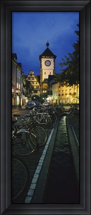 Framed Bicycles parked along a stream near a road, Freiburg, Baden-Wurttemberg, Germany Print